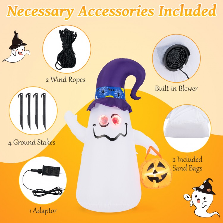 6 ft inflatable Halloween ghost with witch hat, LED lights, and Jack-o-lantern, includes stakes and sand bags for.