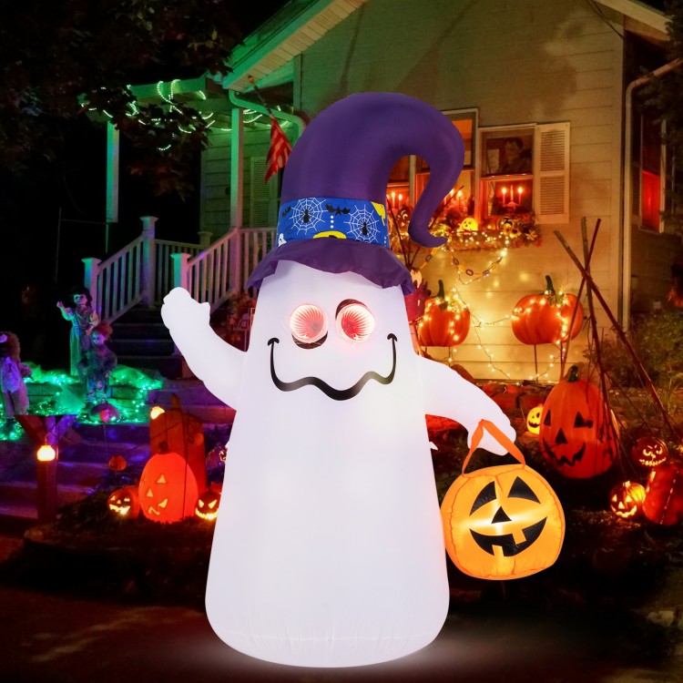 6 ft inflatable ghost with witch hat and Jack-o-lantern, featuring LED lights for Halloween decor. Ideal for outdoor.