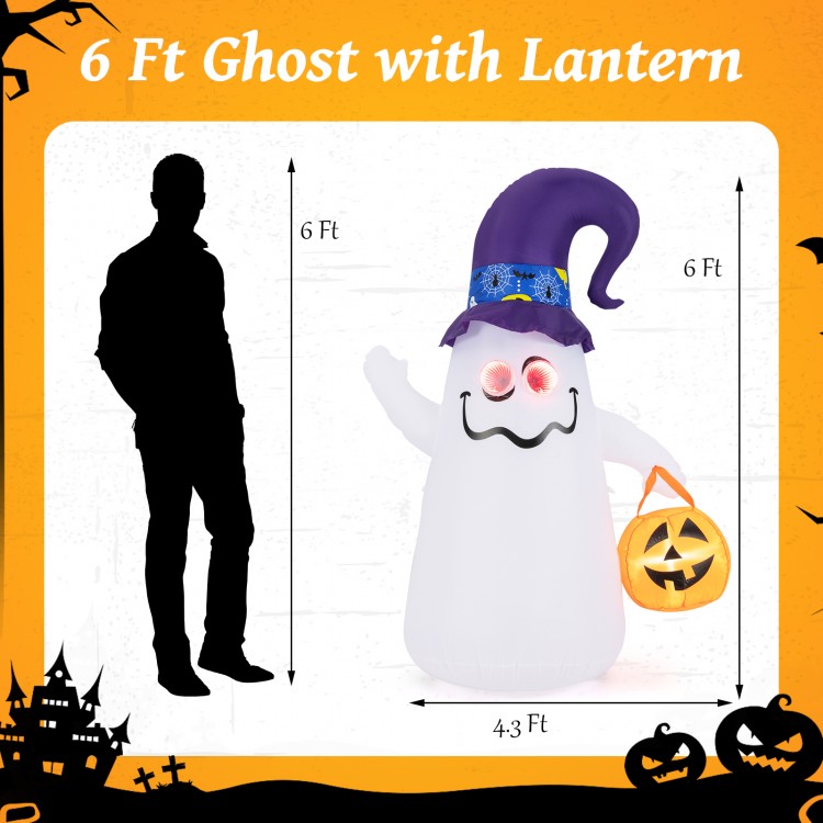 6 ft inflatable Halloween ghost with witch hat and Jack-o-lantern, featuring LED lights for indoor and outdoor use.