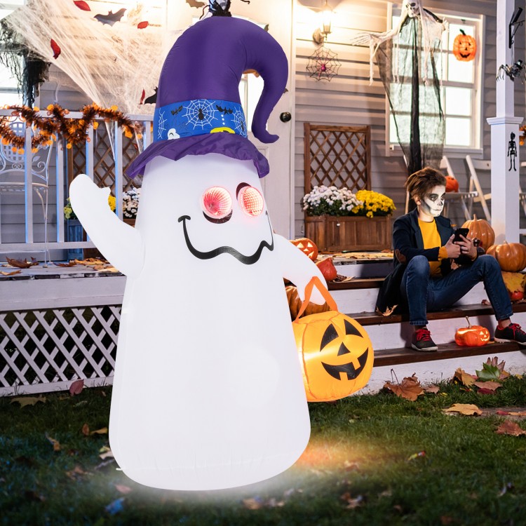 6 ft inflatable cute ghost with witch hat and Jack-o-lantern, featuring LED lights for Halloween decoration outdoors.