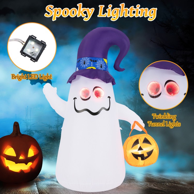 6 ft inflatable Halloween ghost with witch hat, LED lights, and Jack-o-lantern, perfect for spooky outdoor decor.