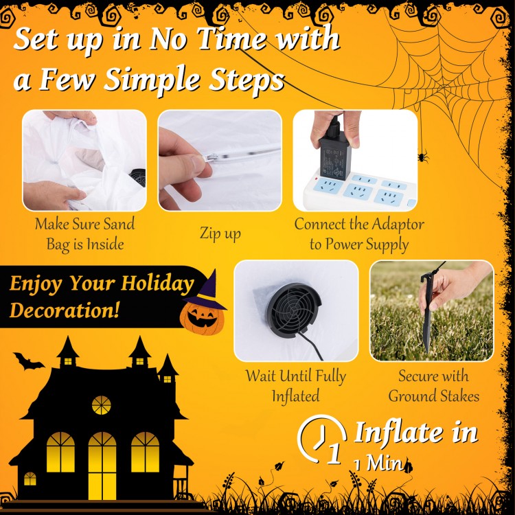 6 ft inflatable Halloween ghost with witch hat, LED lights, and included stakes for easy outdoor setup.