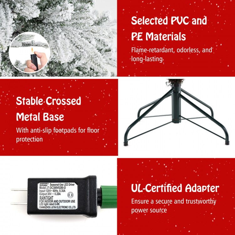 7 feet snow flocked artificial Christmas tree with cool white LED lights, featuring a stable crossed metal base for.
