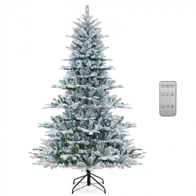 7-foot snow flocked artificial Christmas tree with cool white LED lights and remote control for festive holiday decor.
