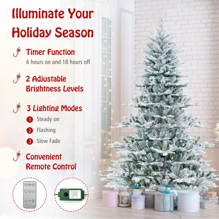 7 feet snow flocked artificial Christmas tree with cool white LED lights, featuring adjustable brightness and remote.