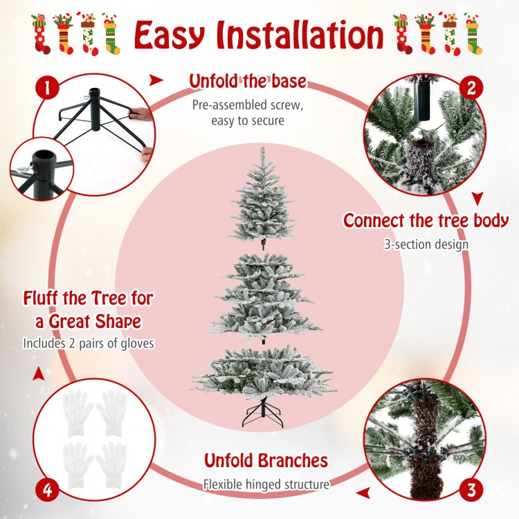 7-foot snow flocked artificial Christmas tree with cool white LED lights, showcasing easy installation steps and branch.