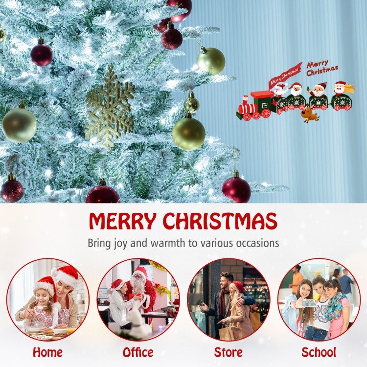 7 feet snow flocked artificial Christmas tree with cool white LED lights, perfect for home, office, and festive.