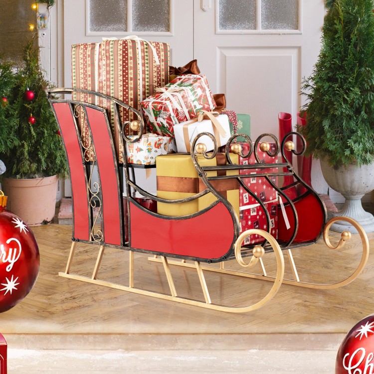 Christmas metal sleigh decoration in vibrant red with 2-tier storage shelf, perfect for displaying gifts indoors or.