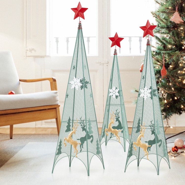 Set of 3 tower-shaped Christmas trees in green metal with removable star toppers, featuring festive reindeer and.