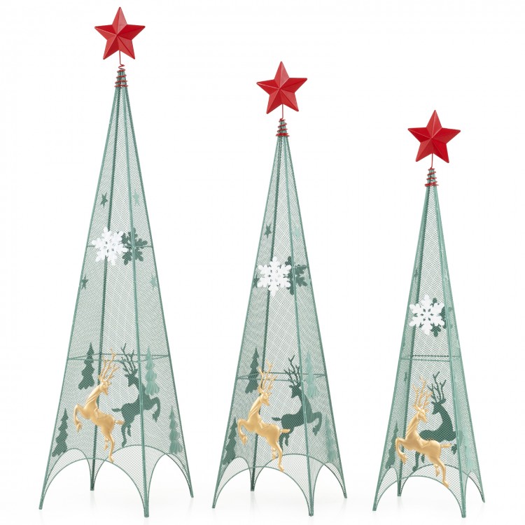 Set of 3 tower-shaped Christmas trees in green metal with removable star toppers, featuring reindeer and snowflake.