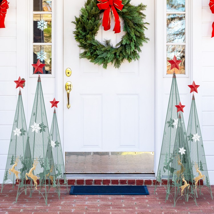 Three tower-shaped Christmas trees in varying heights with removable star toppers, featuring festive patterns for.