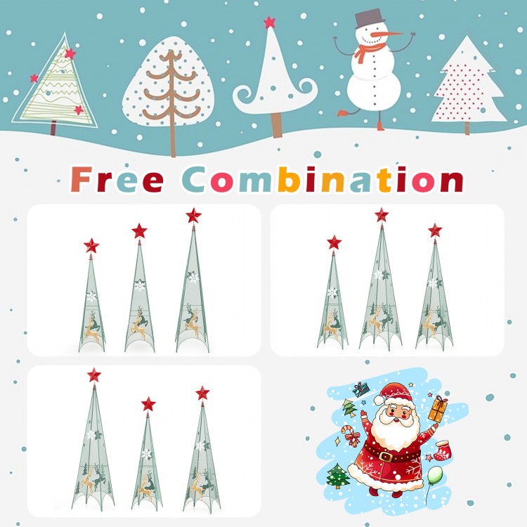 Tower-shaped Christmas trees in 3ft, 3.5ft, and 4ft sizes with removable star toppers, perfect for festive decoration.