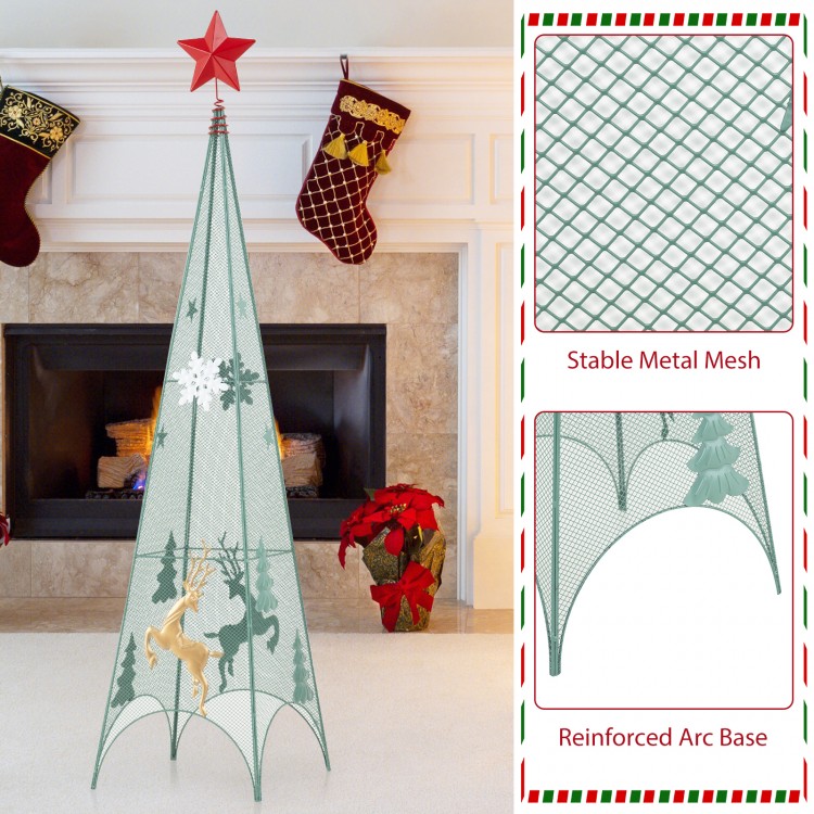 Three tower-shaped Christmas trees in metal with festive patterns, topped with removable stars for holiday decoration.