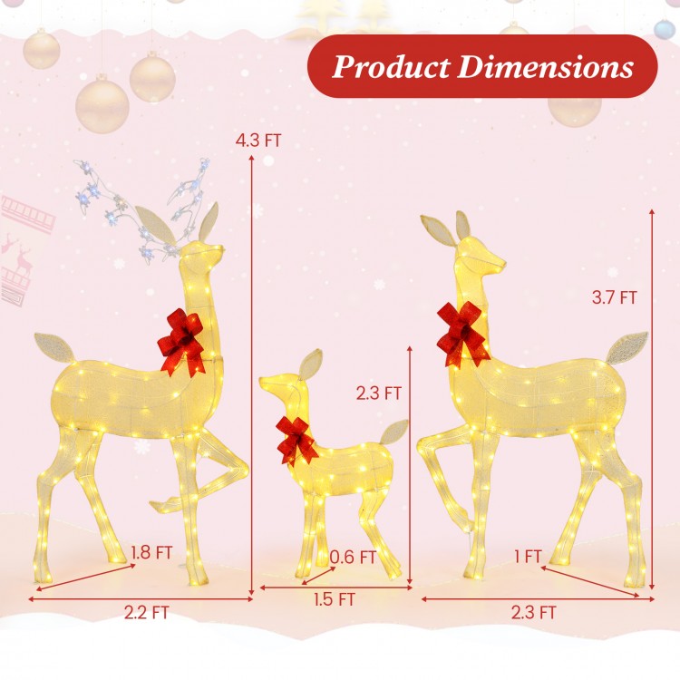 Dimensions of the lighted family deer set, showcasing three sizes ranging from 1.5 to 4.3 feet for versatile holiday.
