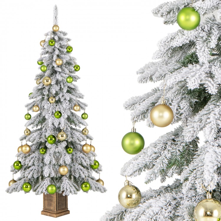 6 feet artificial Xmas tree with snowy flocking, 589 branch tips, and 48 colorful balls for festive holiday decor.
