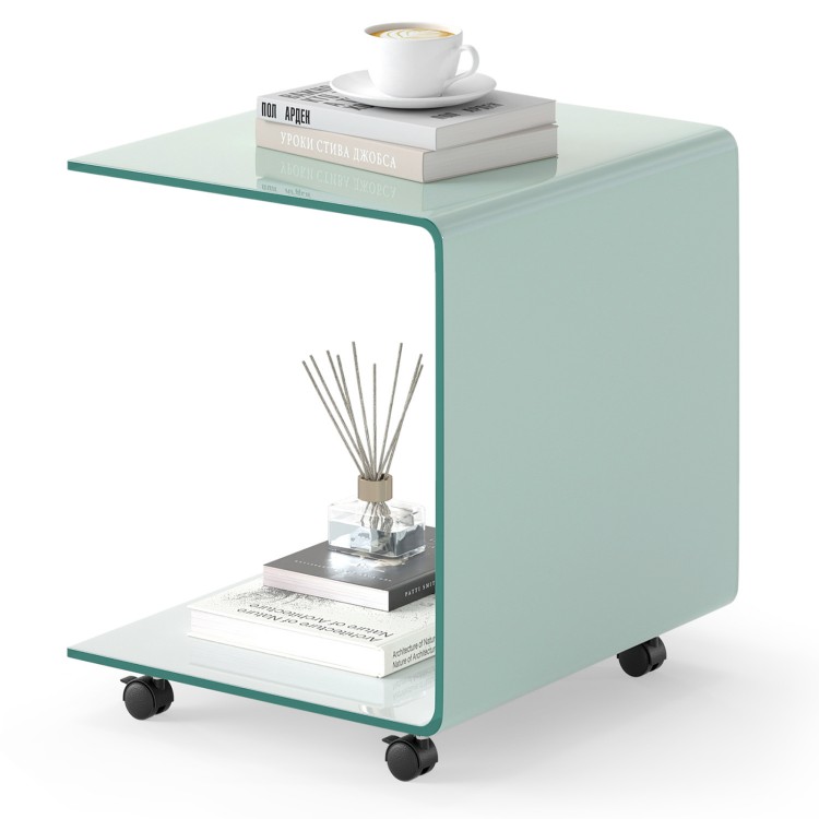C-shaped end table in white tempered glass with 2-tier shelf and lockable wheels, ideal for versatile living room use.
