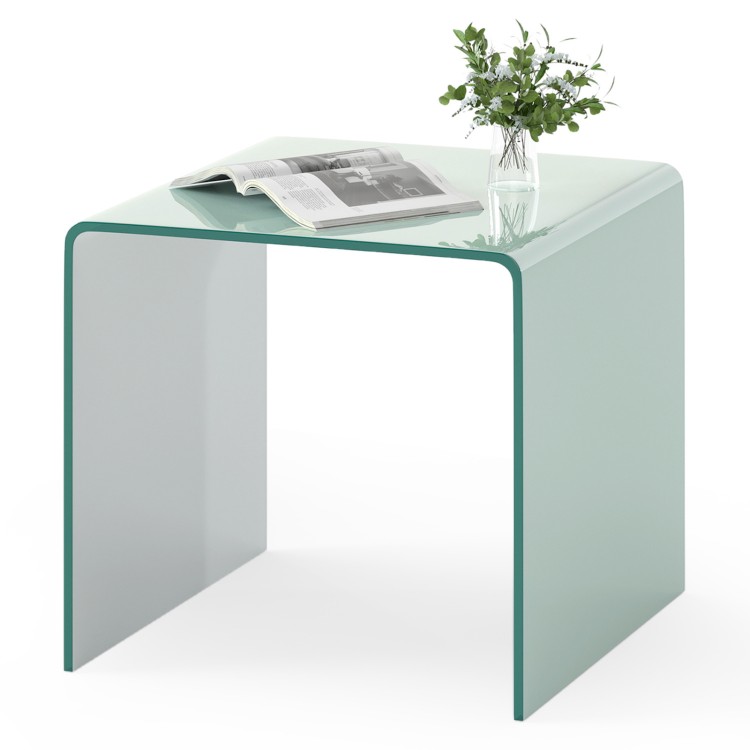 C-shaped end table made of tempered glass with a 2-tier shelf, ideal for versatile use in modern living spaces.