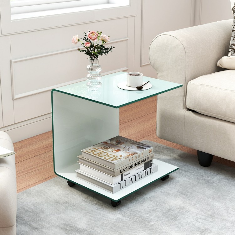 C-shaped end table with white tempered glass, featuring a 2-tier shelf and lockable wheels for versatile use.