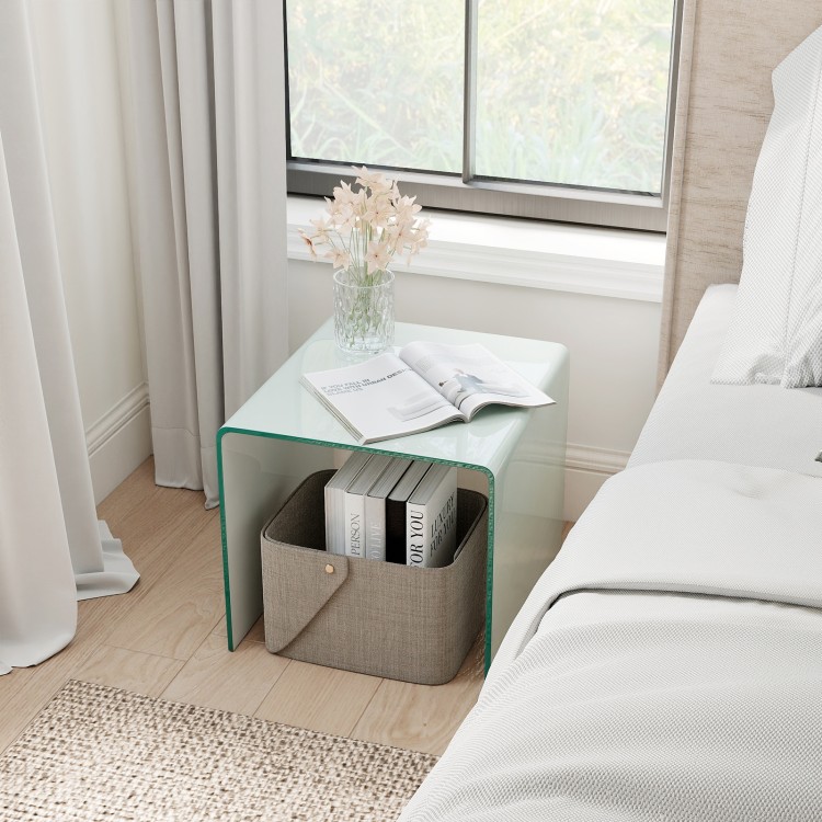 C-shaped end table with white tempered glass and a shelf, ideal as a nightstand or side table for versatile use.