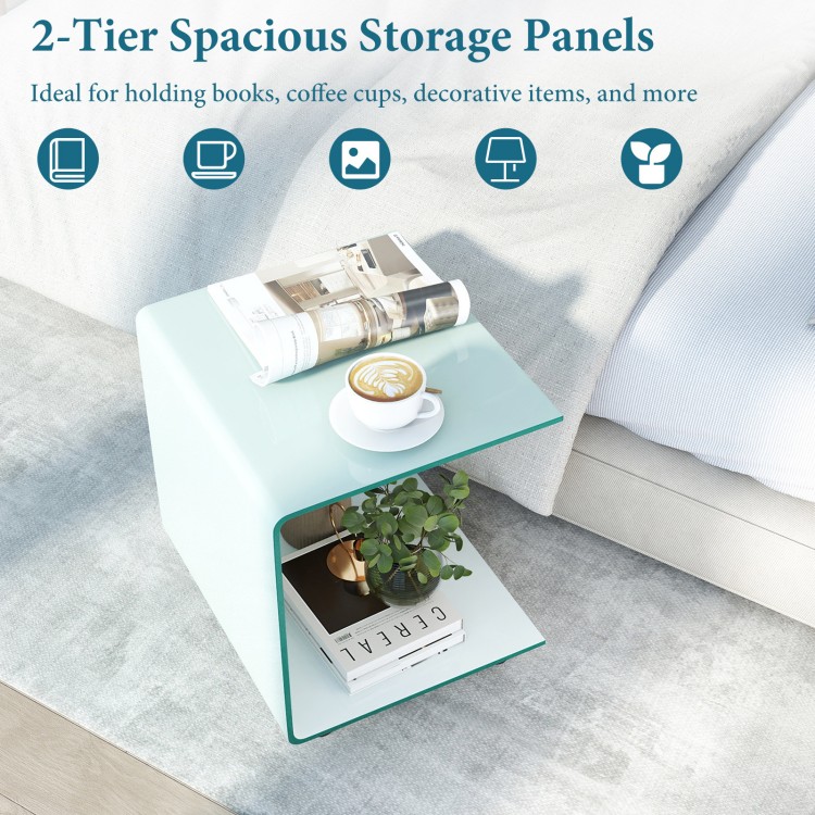 C-shaped end table with white tempered glass, featuring a 2-tier shelf for versatile storage and easy mobility.