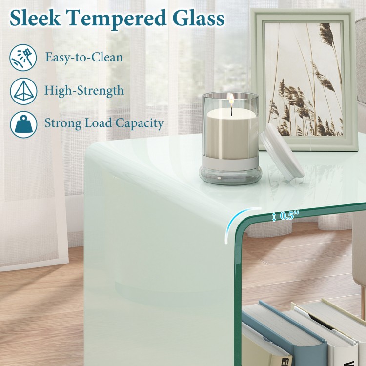 C-shaped end table with sleek tempered glass, featuring a 2-tier shelf and wheels for versatile use in any room.
