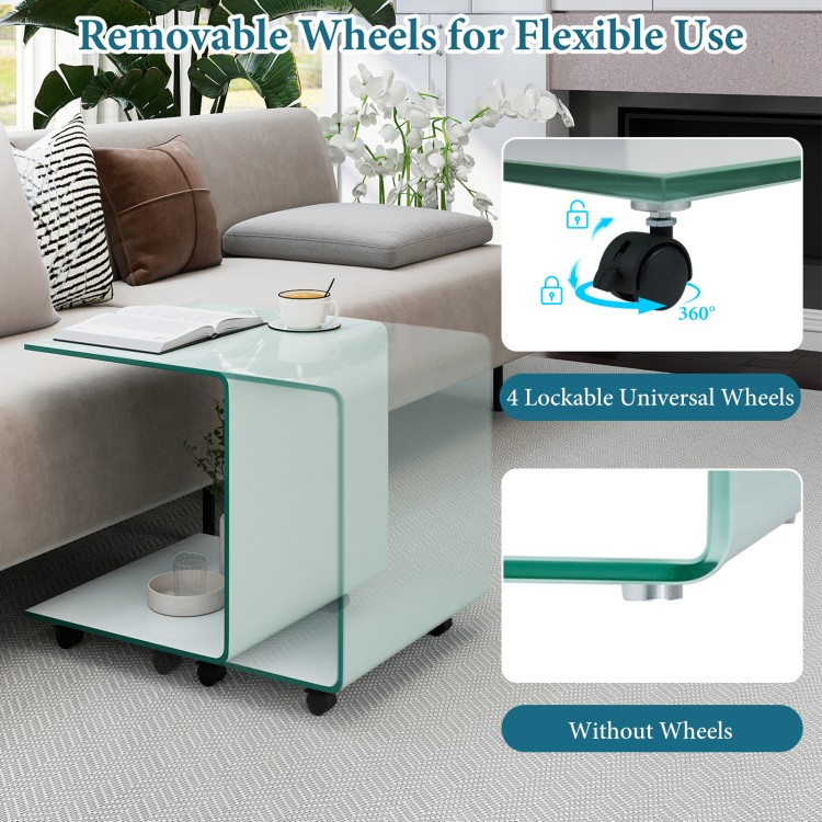 C-shaped end table with tempered glass, featuring a 2-tier shelf and removable lockable wheels for versatile use.