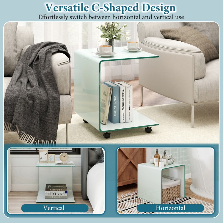 C-shaped end table in white with tempered glass, featuring a 2-tier shelf and lockable wheels for versatile use.