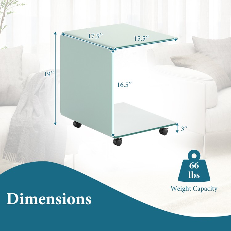 C-shaped end table with dimensions, made of tempered glass, featuring a 2-tier shelf and lockable wheels for mobility.