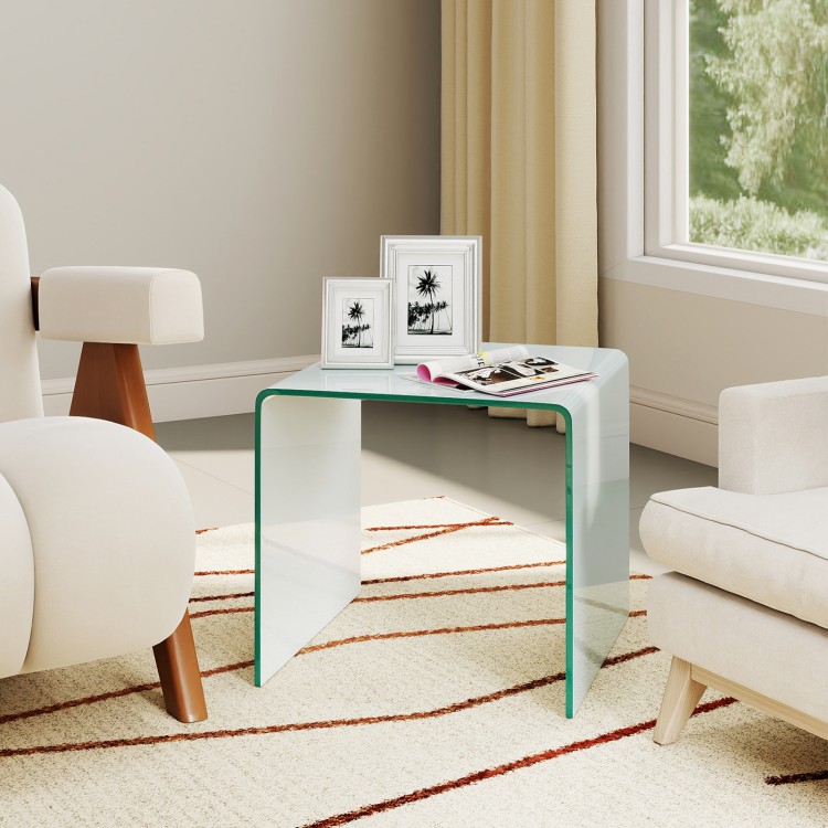 C-shaped end table in modern design with white tempered glass, showcasing a sleek profile and 2-tier shelf for.