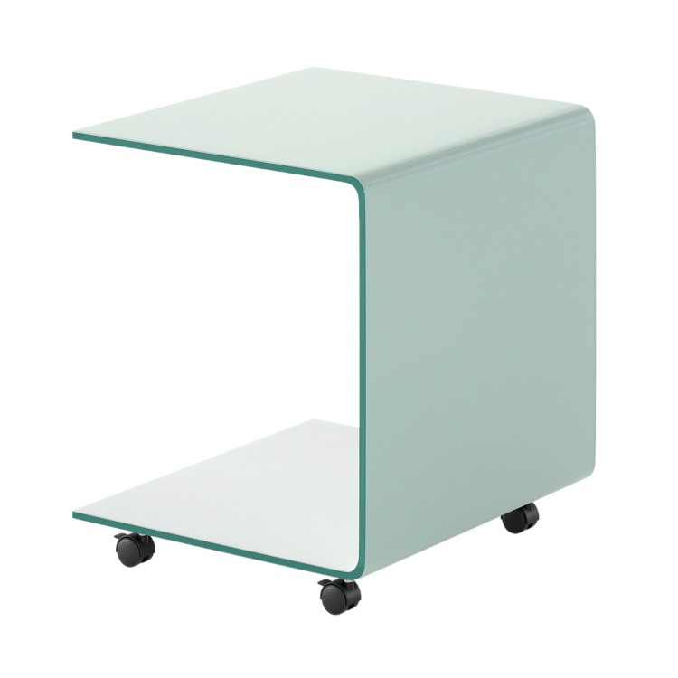 C-shaped end table with tempered glass, featuring a 2-tier shelf and lockable wheels for versatile use and easy.