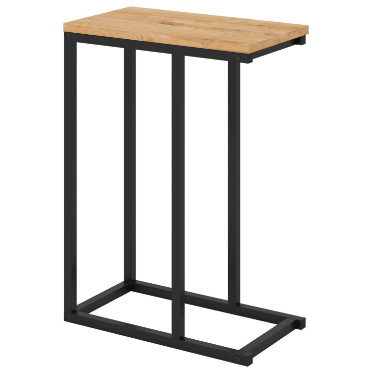 C-shaped end table with a natural wood top and sturdy black metal frame, perfect for living room or home office use.