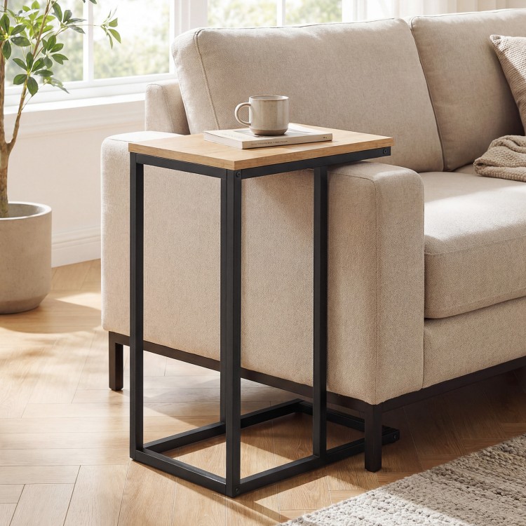 C-shaped end table with a natural wood top and sturdy metal frame, perfect for living room or home office use.