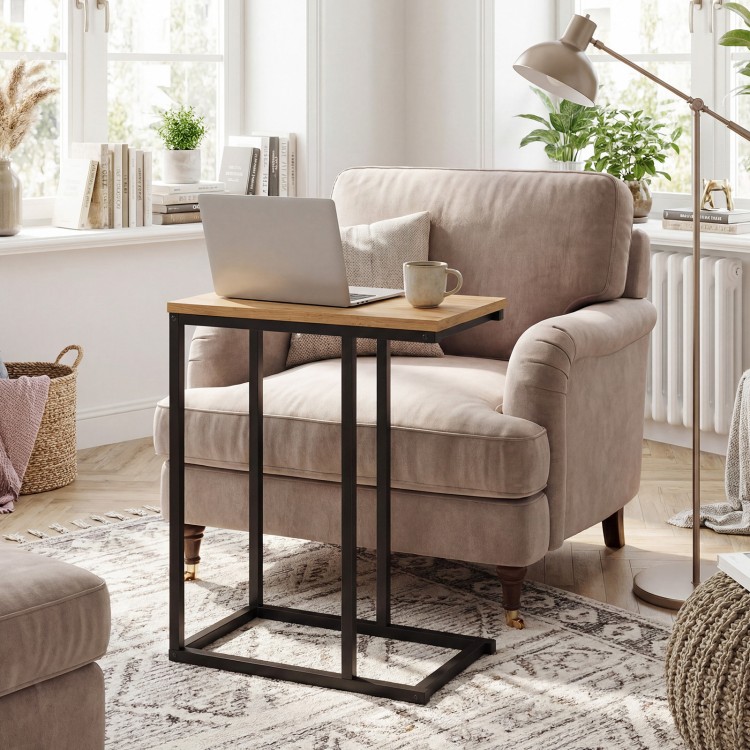 C-shaped end table with a sturdy metal frame and natural wood top, perfect for home office or living room use.
