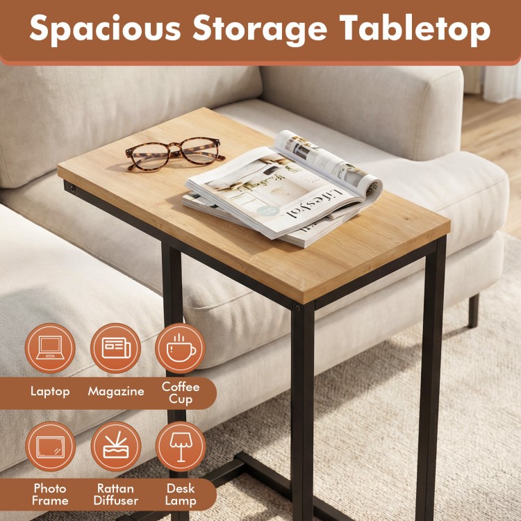C-shaped end table with a natural wood tabletop and sturdy metal frame, ideal for living room or home office use.