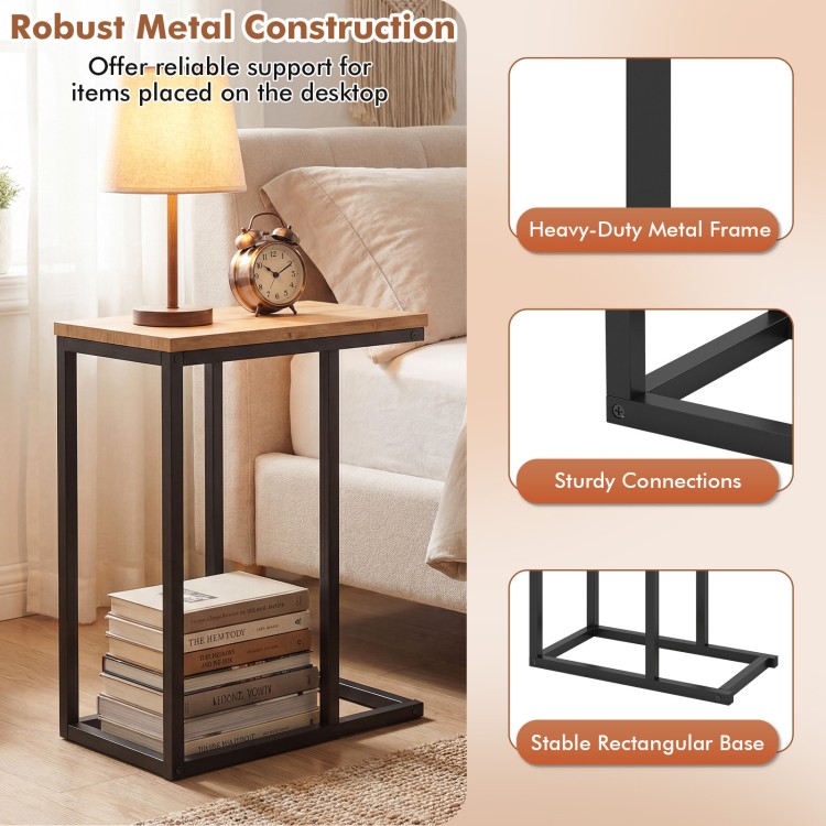 C-shaped end table with a natural wood top and heavy-duty metal frame, perfect for living room or home office use.