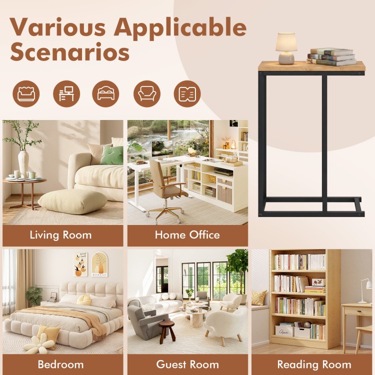 C-shaped end table with a sturdy metal frame and natural wood top, perfect for living room, home office, or bedroom use.