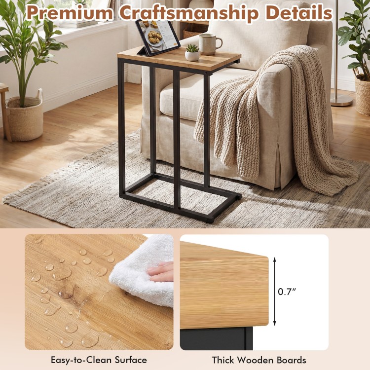 C-shaped end table with a natural wood top and sturdy metal frame, ideal for living room or home office use.