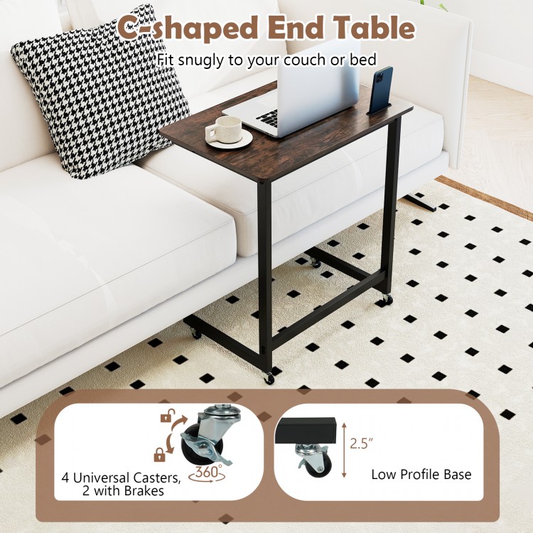 C-shaped end table in rustic brown with wheels, featuring a spacious tabletop and built-in phone slot for versatile use.