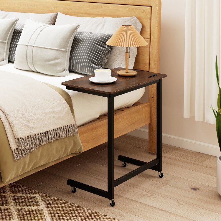 C-shaped end table with wheels in rustic brown, featuring a spacious top and built-in phone slot for bedside.