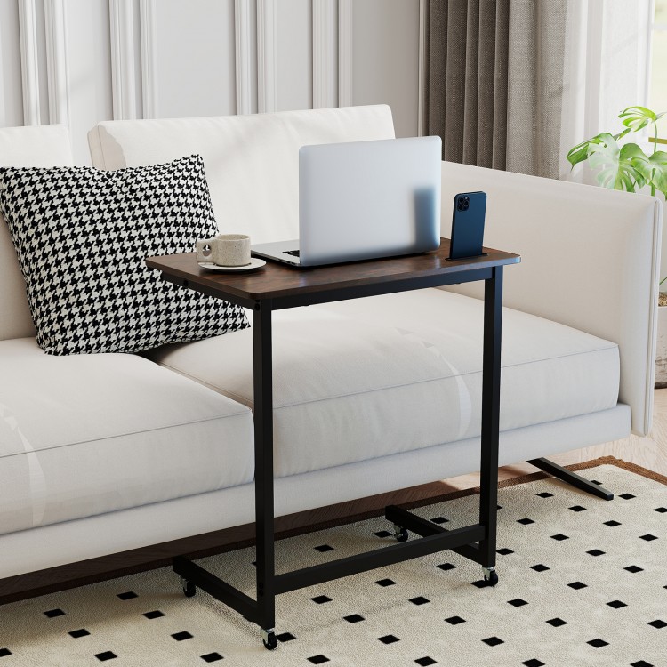 C-shaped end table with wheels in rustic brown, featuring a spacious tabletop and built-in phone slot for convenient.