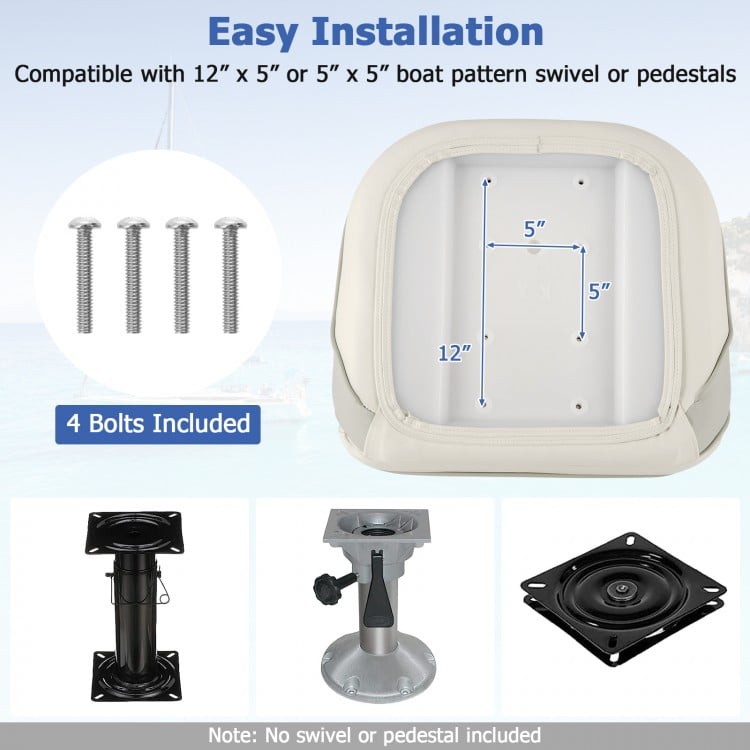 Captain bucket seat with waterproof PVC leather, featuring a 12" x 5" bolt pattern for easy installation on boats.