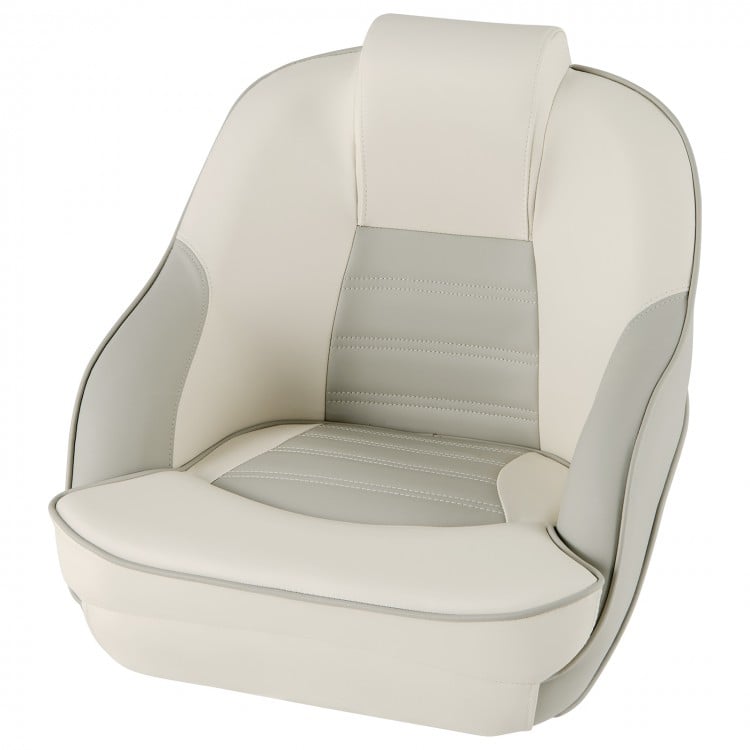 Captain bucket seat in white with ergonomic design and ample armrest support for comfortable boat sightseeing.
