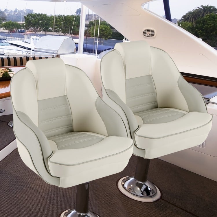 Two Captain Bucket Seats in white waterproof PVC leather, designed for boat sightseeing with ergonomic support and easy.