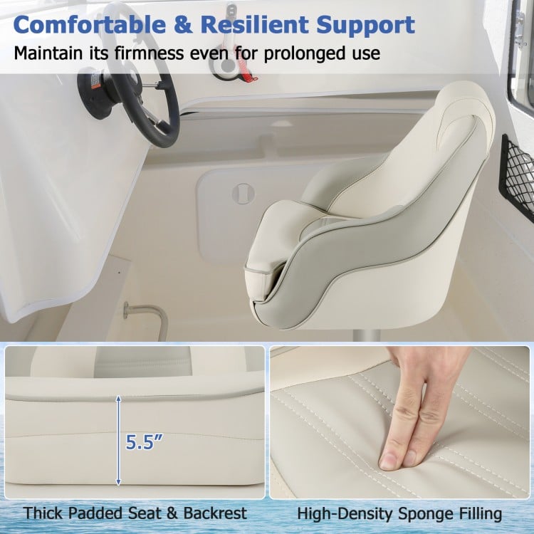 Captain bucket seat in white with thick padded cushions and ergonomic design for boat sightseeing, offering waterproof.