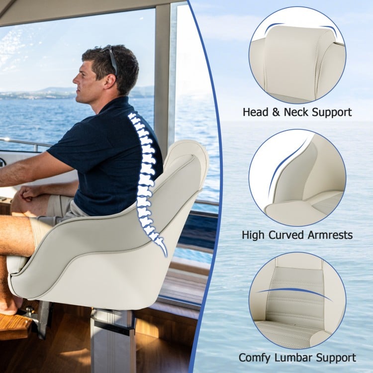 Ergonomic captain bucket seat in waterproof PVC leather, featuring high curved armrests and lumbar support for boating.