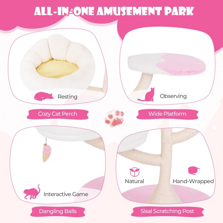 Multi-layer cat tree in pink with cozy perches, wide platforms, and dangling balls for interactive play and comfort.