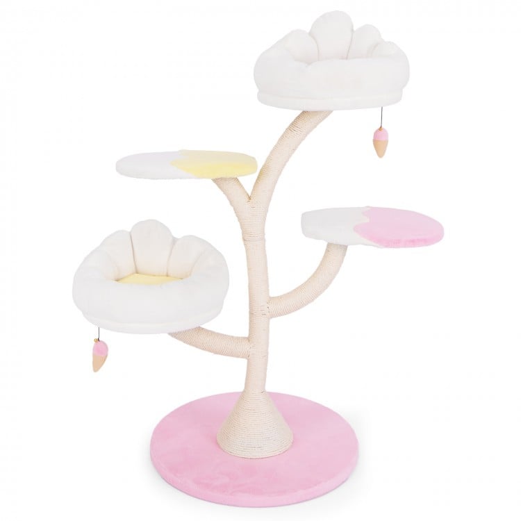 Multi-layer cat tree in pink with two perches and platforms, featuring removable covers and sisal scratching post.