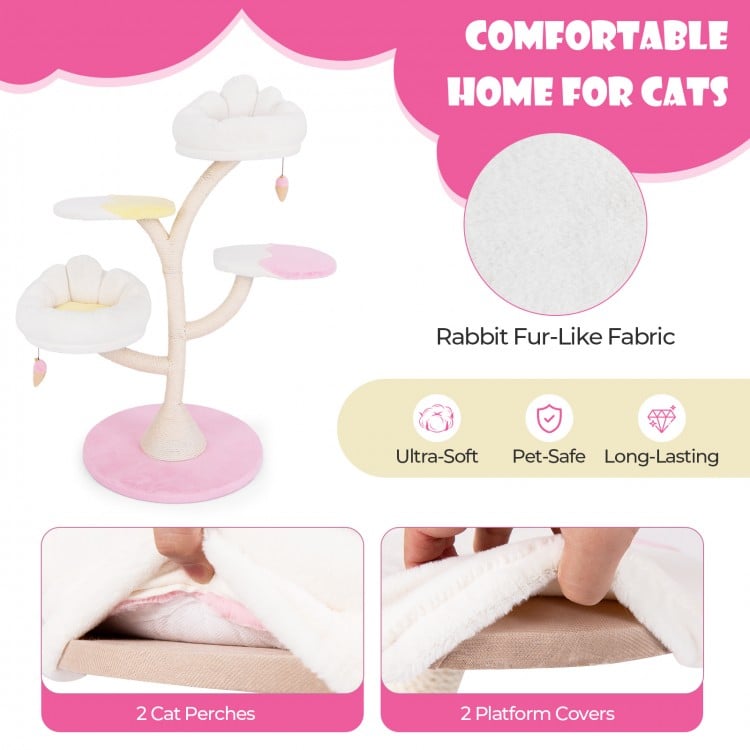 Multi-layer cat tree in pink with 2 perches, rabbit fur-like fabric, and sisal scratching post for cat comfort.