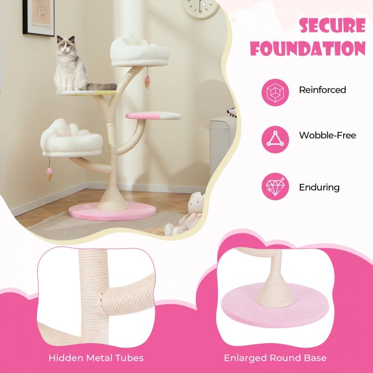 Multi-layer cat tree in pink with two perches and platforms, featuring a secure foundation and sisal scratching post.