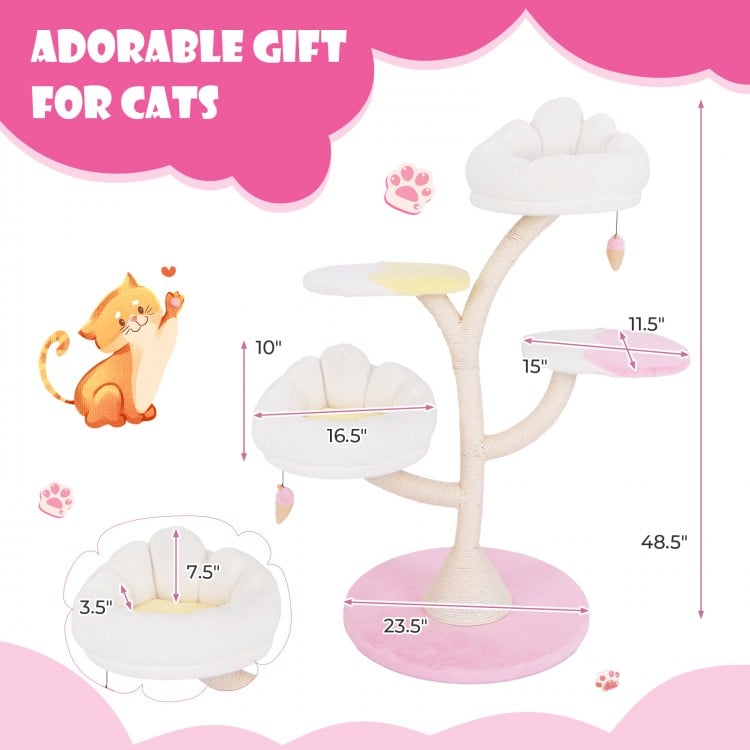 Multi-layer cat tree in pink with two perches, removable covers, and sisal scratching post for 2-4 cats.